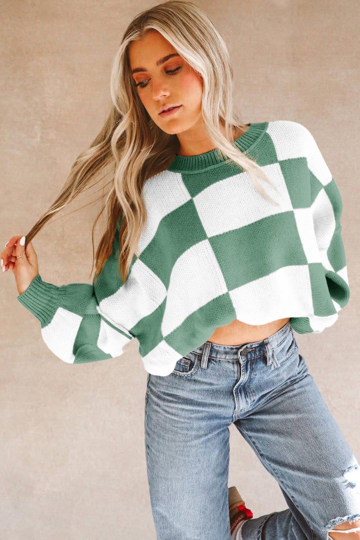 Checkered Bishop Sleeve Sweater | Sweaters Daverri Fashions