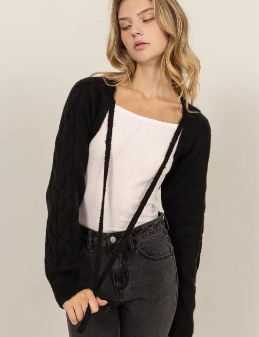Black HYFVE Cable-Knit Tie-Front Shrug | Daverri Fashions