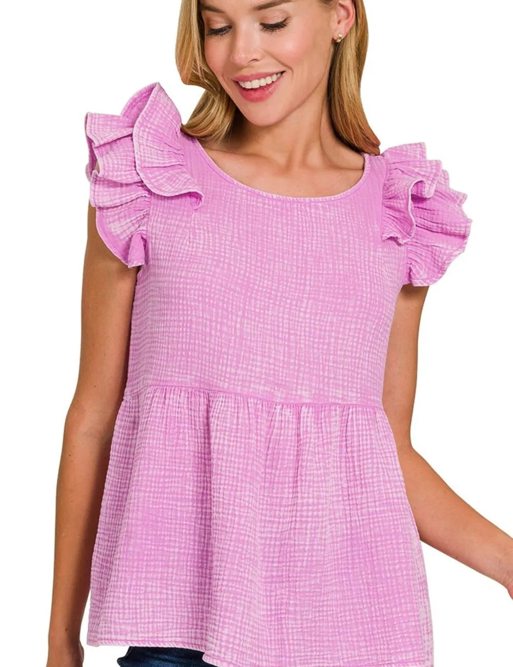 MAUVE Zenana Double Gauze Acid Washed Tiered Ruffle Peplum Top | Tops Daverri Fashions
