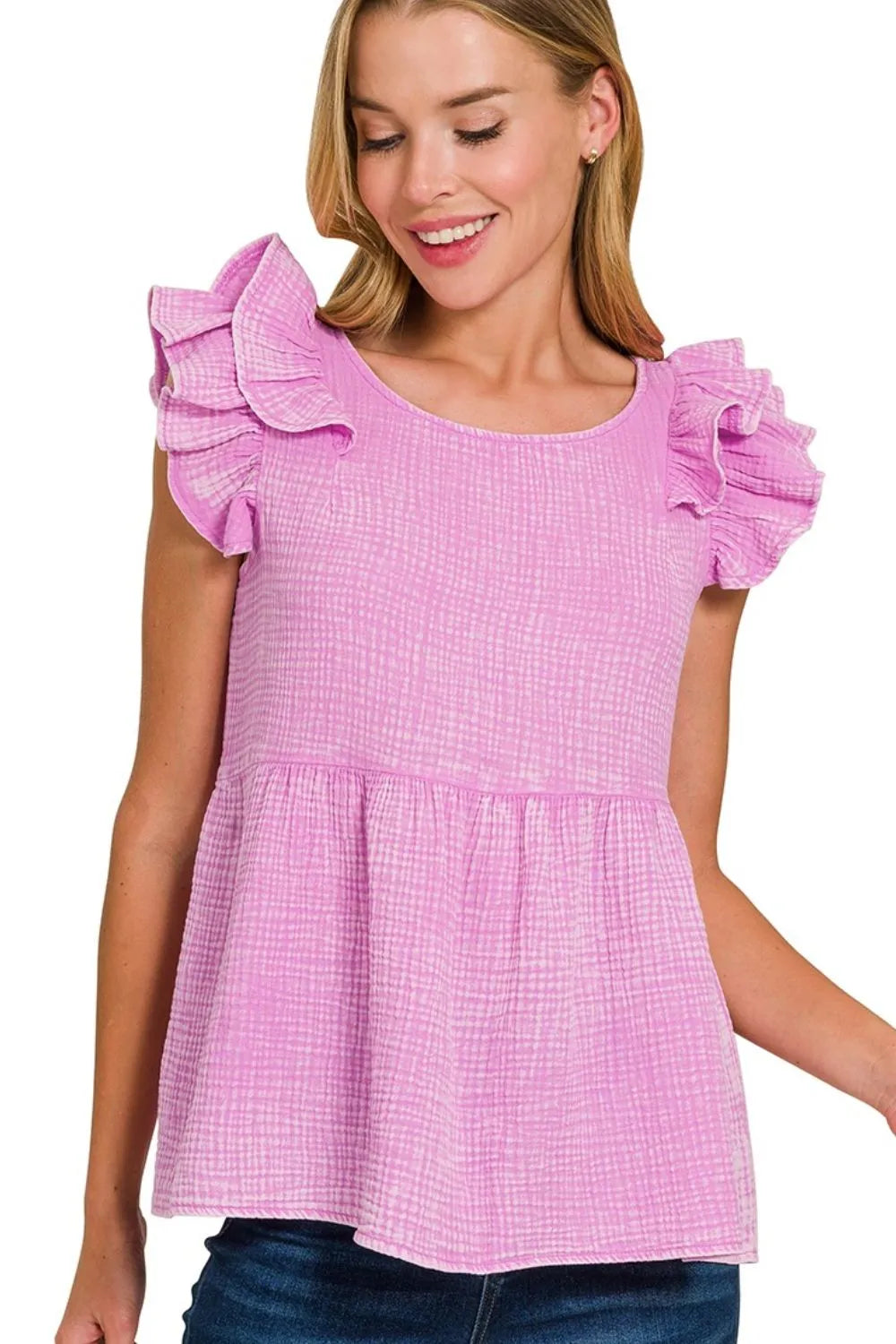 Zenana Double Gauze Acid Washed Tiered Ruffle Peplum Top MAUVE Tops