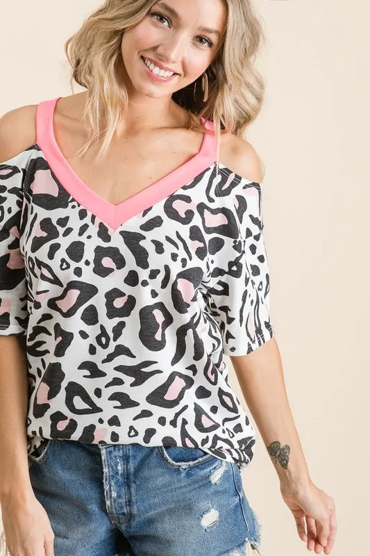 BiBi Leopard Print Top with Shoulder Cut Out Tops