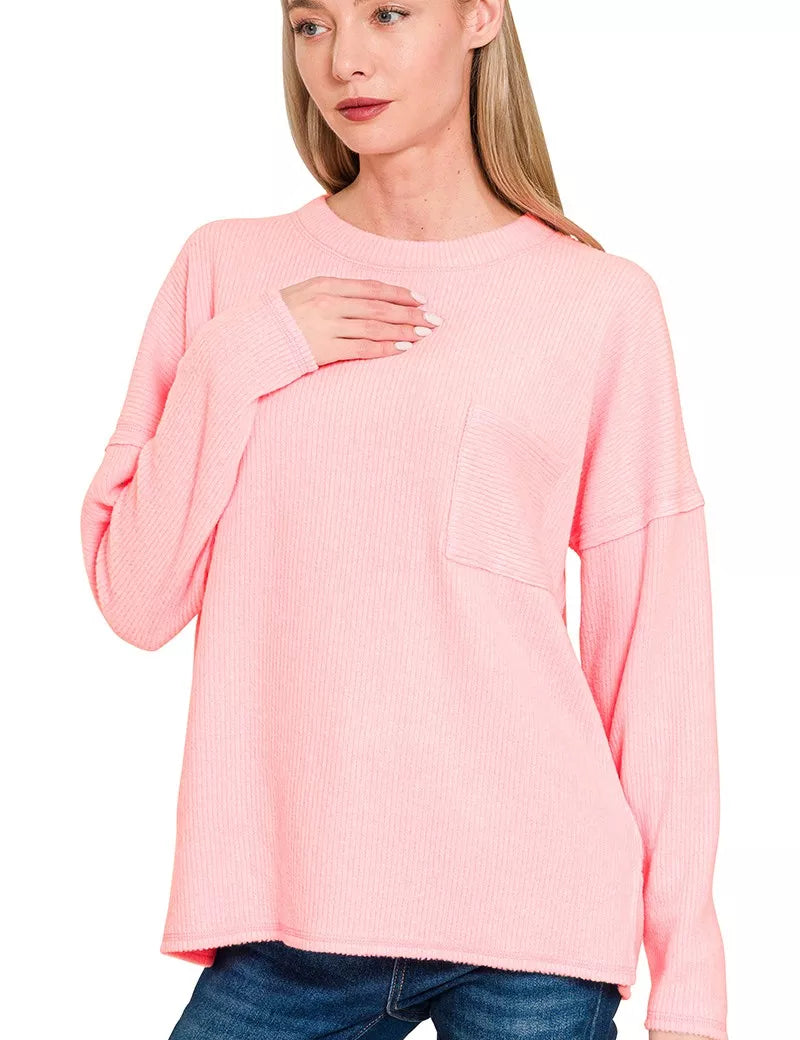 DK PINK Zenana Ribbed Brushed Melange Hacci Sweater with Chest Pocket | Sweaters Daverri Fashions