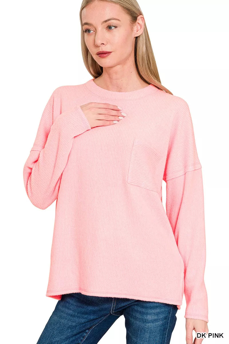 DK PINK Zenana Ribbed Brushed Melange Hacci Sweater with Chest Pocket | Sweaters Daverri Fashions