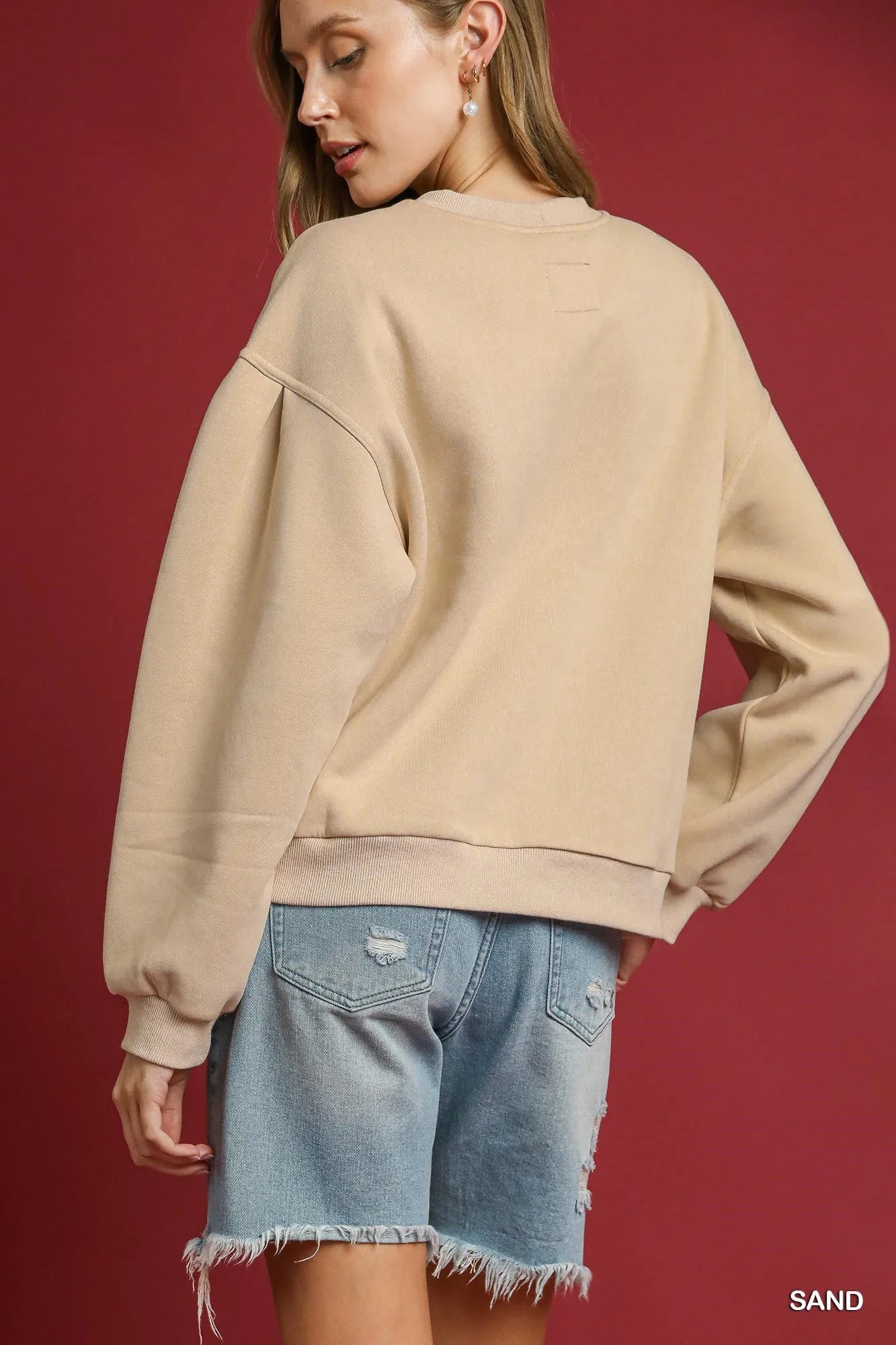 Umgee Round Neck Sweatshirt with Pleated Detail Sweatshirts