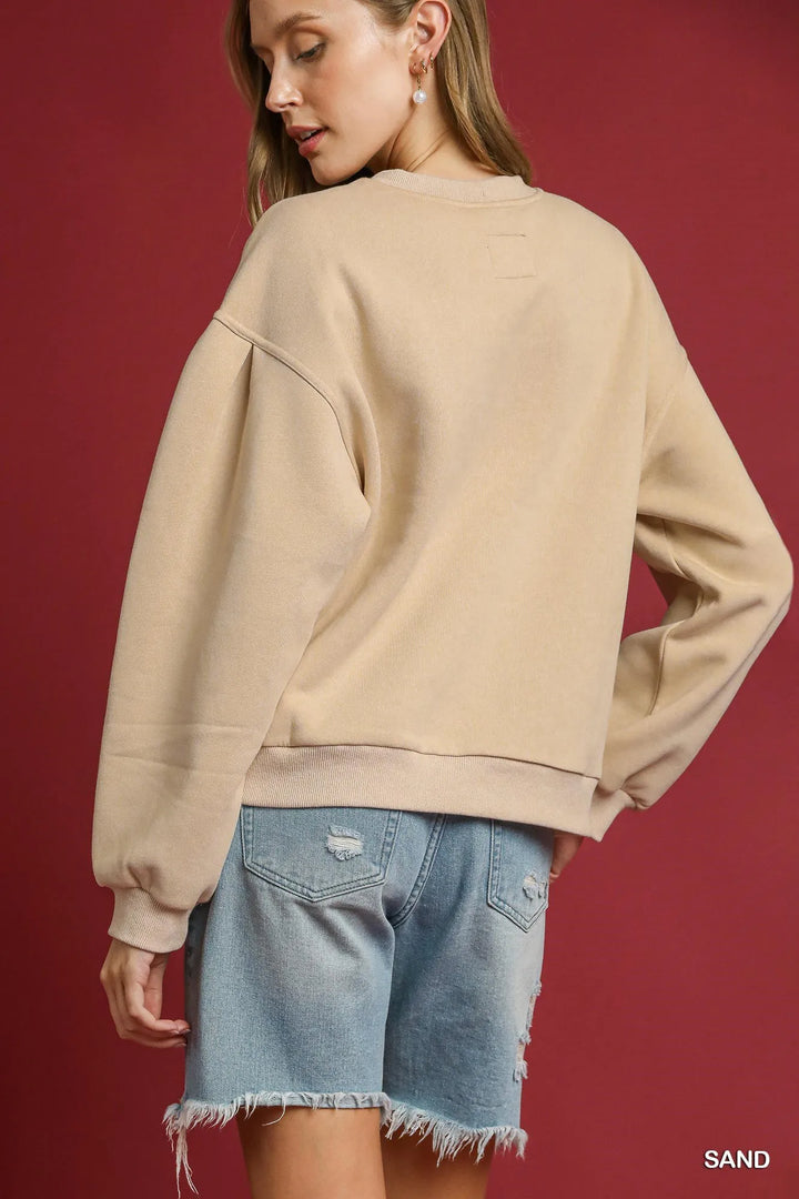 Umgee Round Neck Sweatshirt with Pleated Detail Sweatshirts