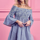 BiBi Smocked Off Shoulder Blue and White Striped Dress