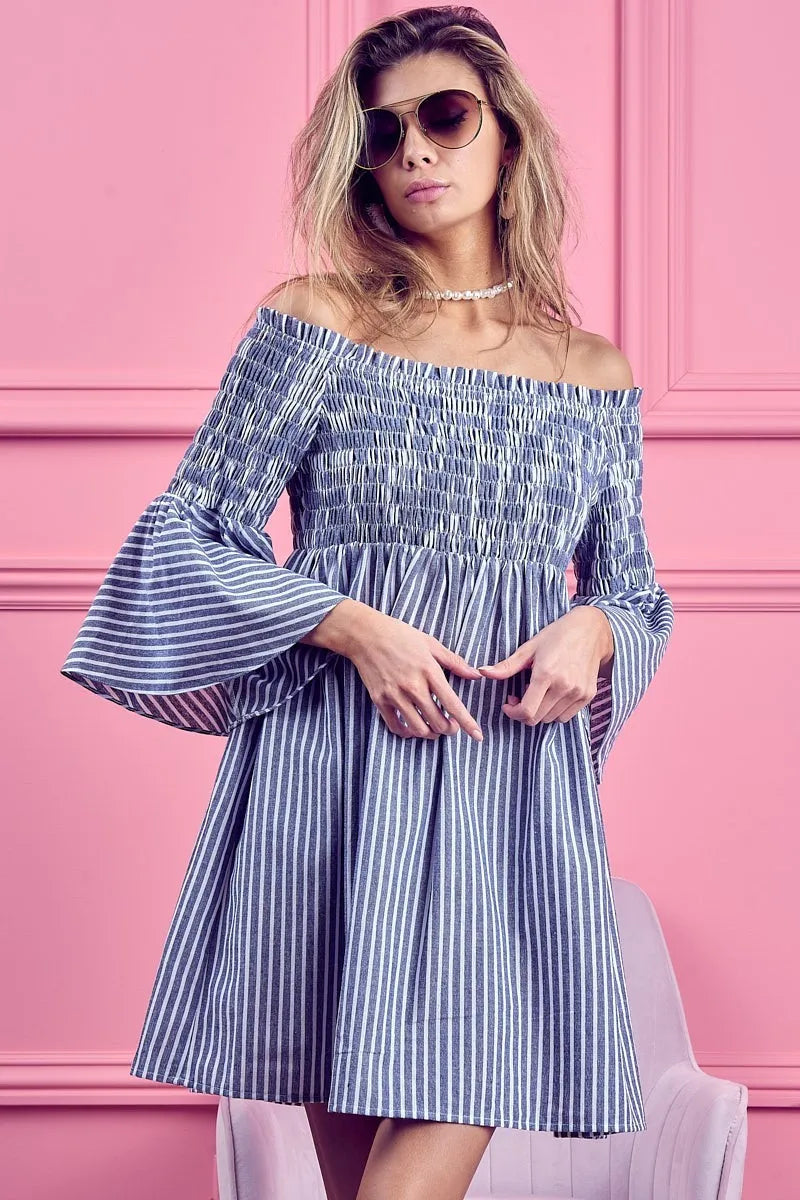 BiBi Smocked Off Shoulder Blue and White Striped Dress