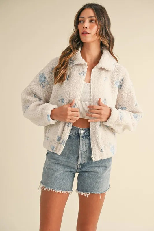 MABLE Floral Embroidered Fleece Teddy Jacket