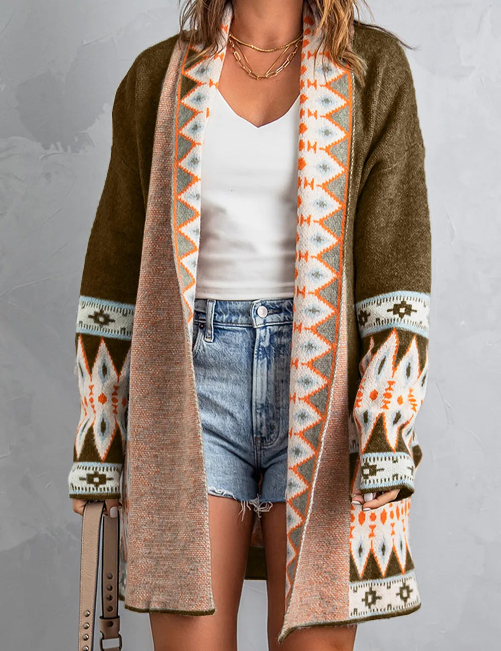 Brown Geometric Open Front Long Sleeve Cardigan | Cardigans Daverri Fashions