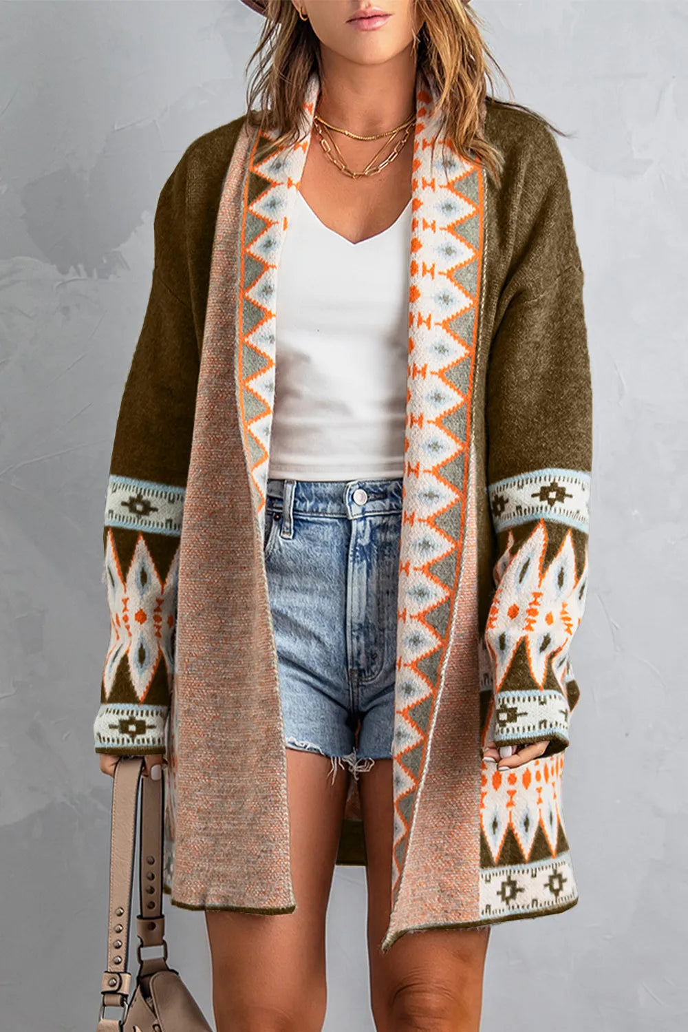 Brown Geometric Open Front Long Sleeve Cardigan | Cardigans Daverri Fashions