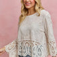 SO ME floral embroidered crochet lace trimmed top with bell sleeves