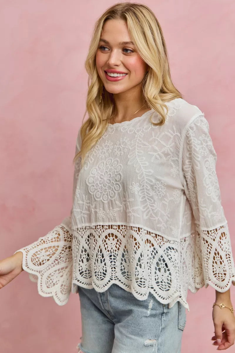 SO ME floral embroidered crochet lace trimmed top with bell sleeves