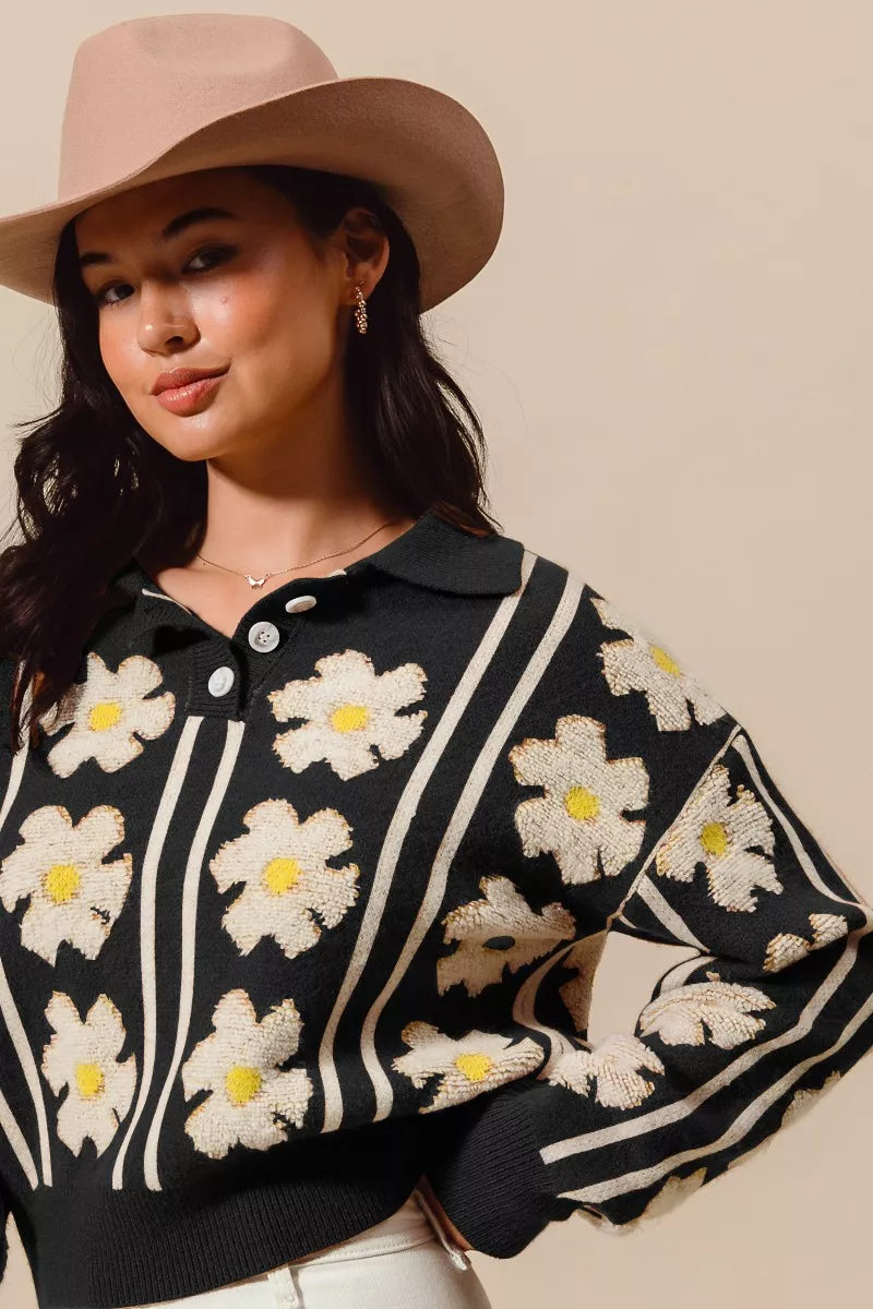 BLACK IVORY SO ME Floral Stripe Polo Collar Sweater | Sweaters Daverri Fashions