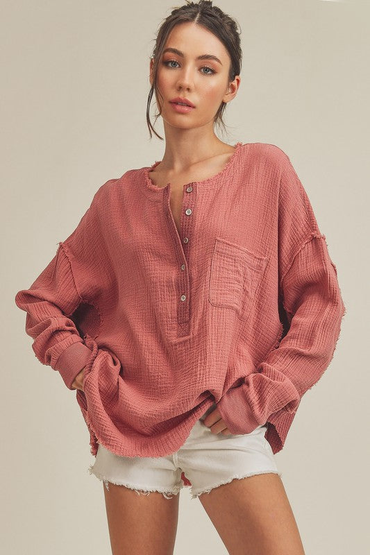 Aemi + Co Exposed Seam Raw Hem Half Button Top Mauve