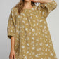 Umgee Raw Hem Floral Print Round Neck Denim Dress Mocha L