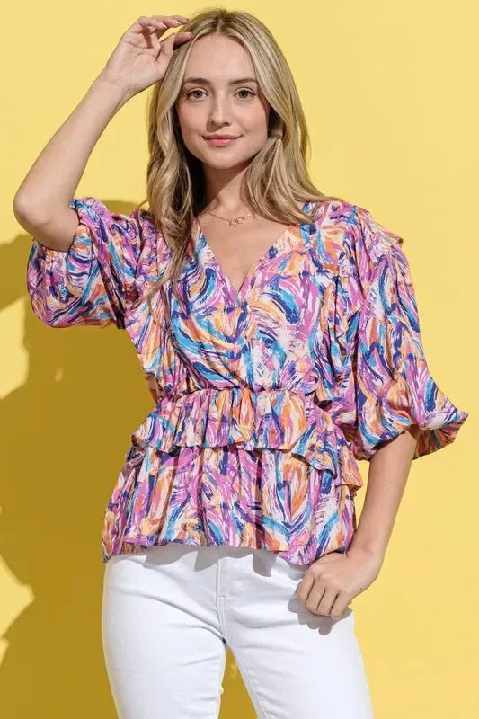 And The Why Printed Lantern Sleeve Blouse - DAVERRI FASHIONS