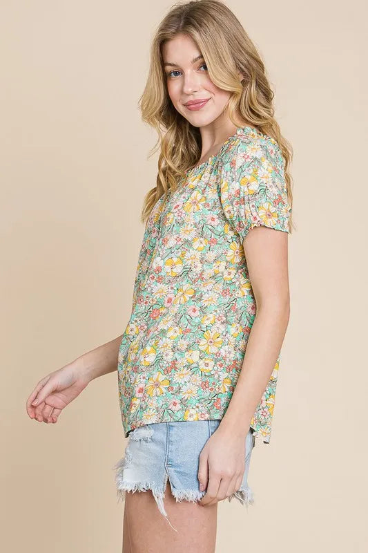 Lime 'N' Chili Floral Print Short Sleeve Off-The-Shoulder Blouse