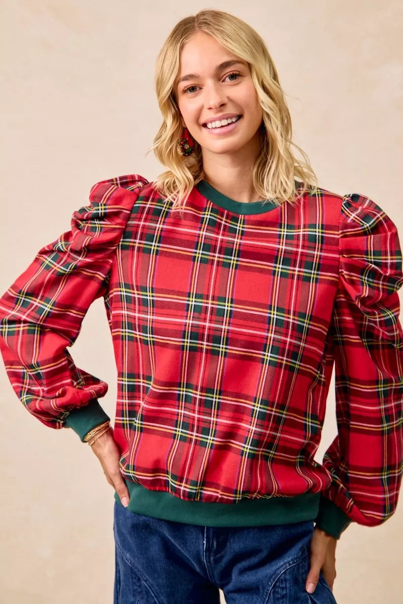 BiBi Christmas Plaid Exaggerated Shoulder Sleeves Top | Tops Daverri Fashions