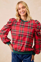 BiBi Christmas Plaid Exaggerated Shoulder Sleeves Top | Tops Daverri Fashions