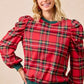 BiBi Christmas Plaid Exaggerated Shoulder Sleeves Top - DAVERRI FASHIONS