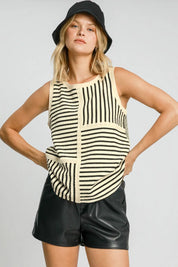 Cream M Umgee Round Neck Texture Striped Tank Cream | Tank Tops Daverri Fashions