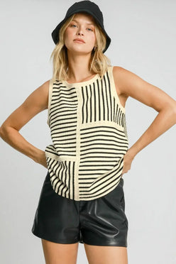 Umgee Round Neck Texture Striped Tank Cream - DAVERRI FASHIONS