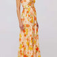 Floral print tie front tiered maxi dress in peach with orange yellow flowers