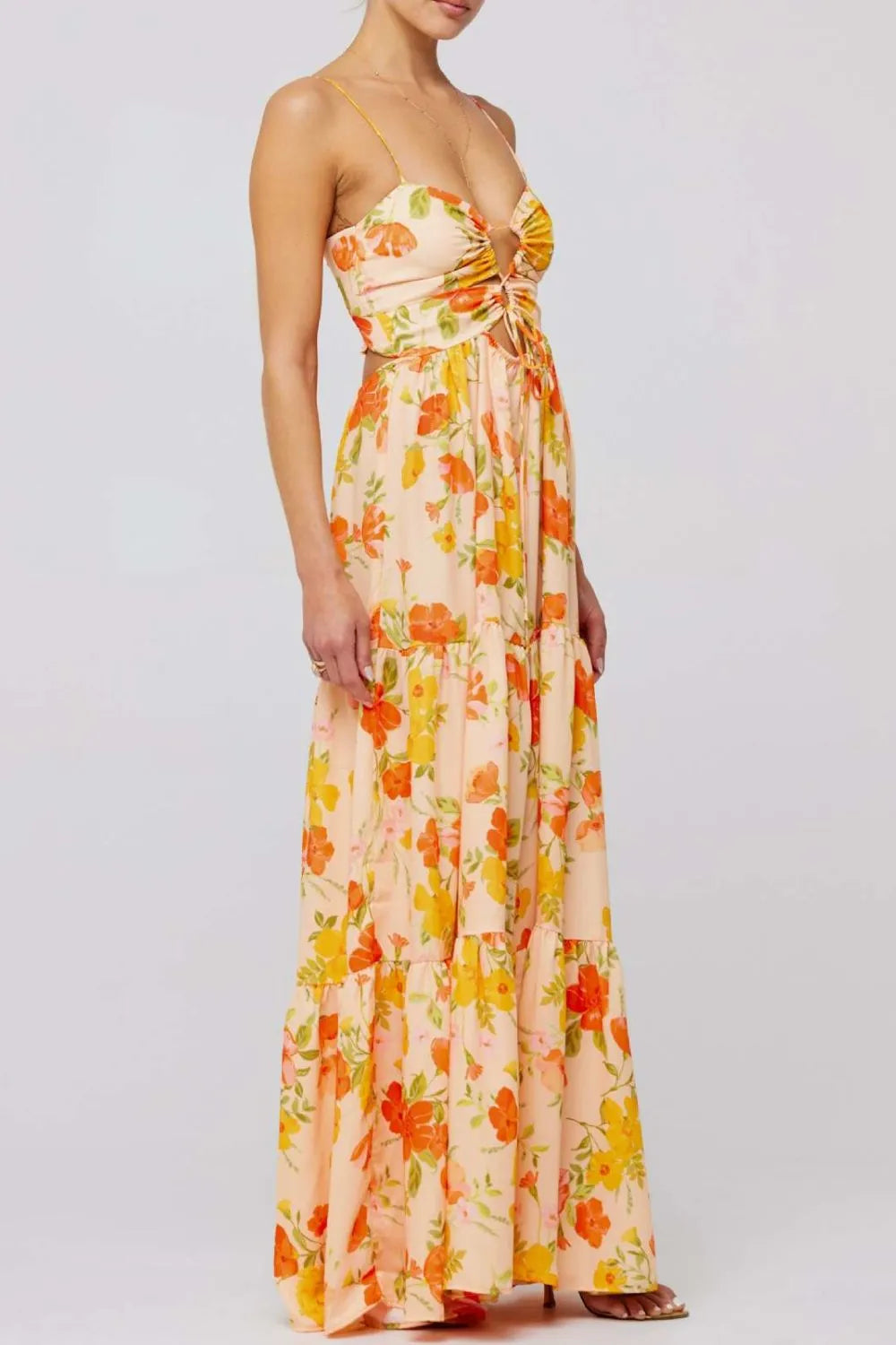 Floral print tie front tiered maxi dress in peach with orange yellow flowers