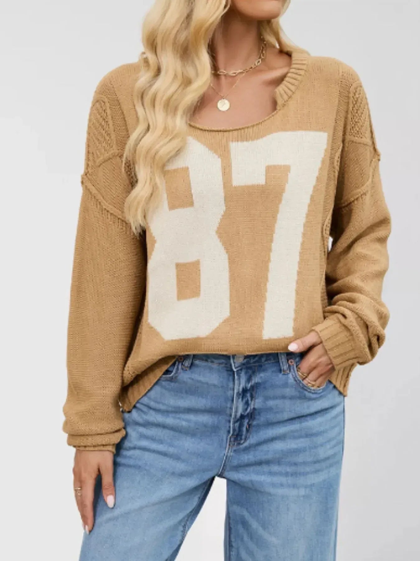 Number 87 Oversized Cable Knit Sweater - DAVERRI FASHIONS