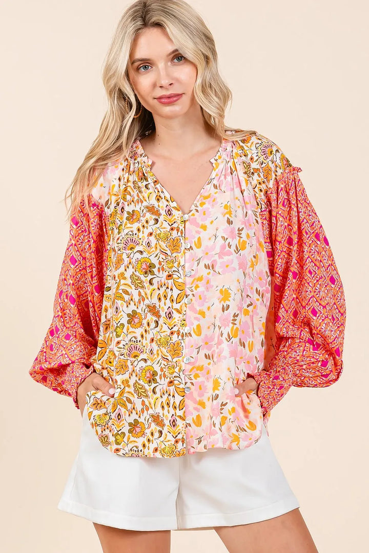 Mittoshop Mixed Patchwork Print Long Sleeve Blouse ORANGE PINK Tops