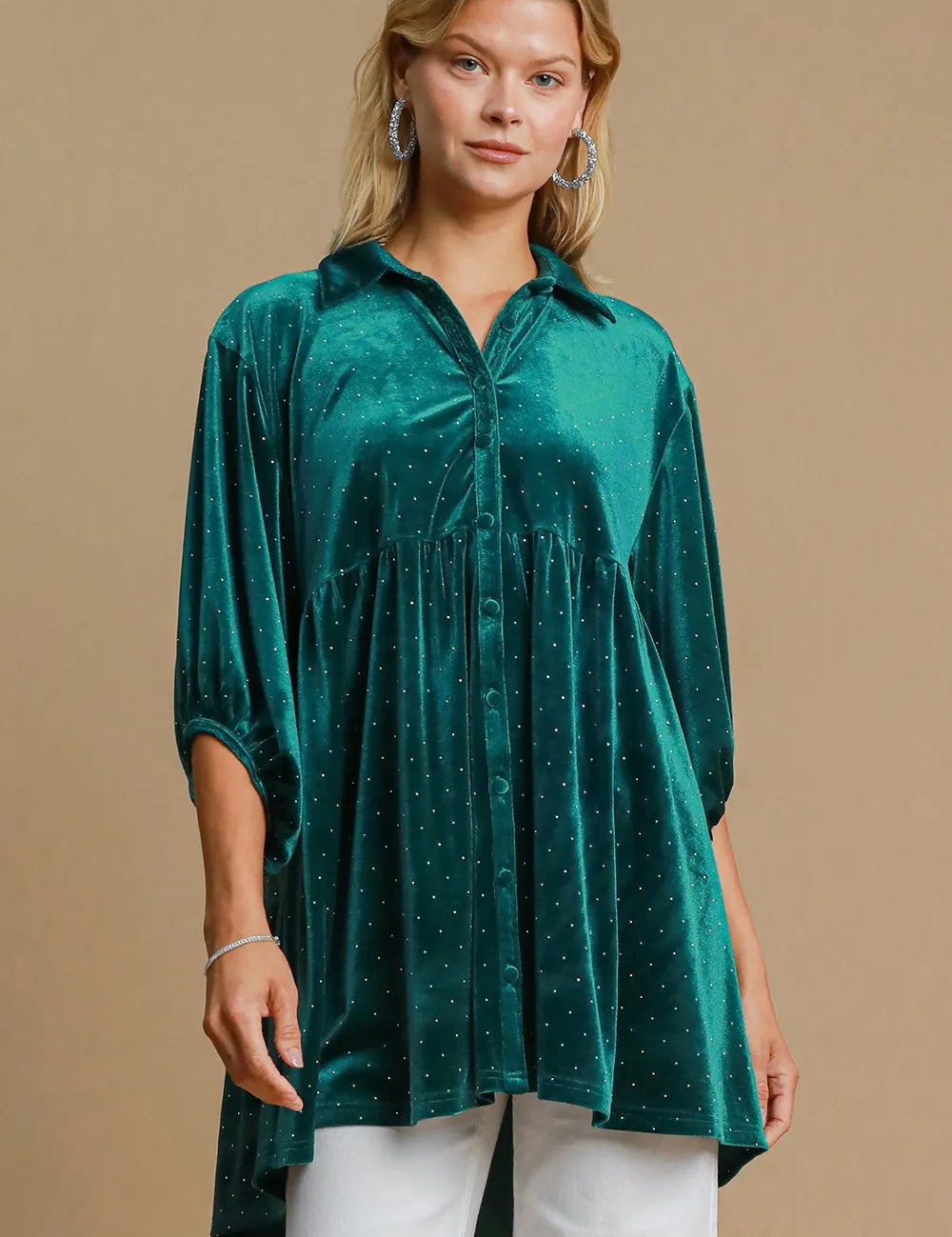 Teal Green Umgee Full Size Polka Dot Collared Neck Button Up Shirt | Daverri Fashions