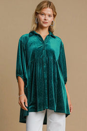 Teal Green Umgee Full Size Polka Dot Collared Neck Button Up Shirt | Daverri Fashions