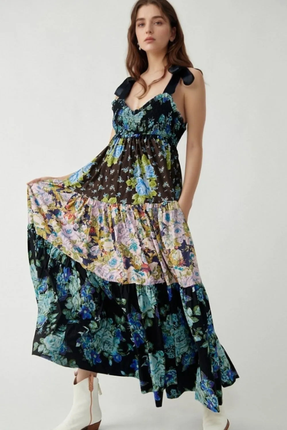 Floral tiered maxi dress in navy blue hues with ruffled mixed print layers