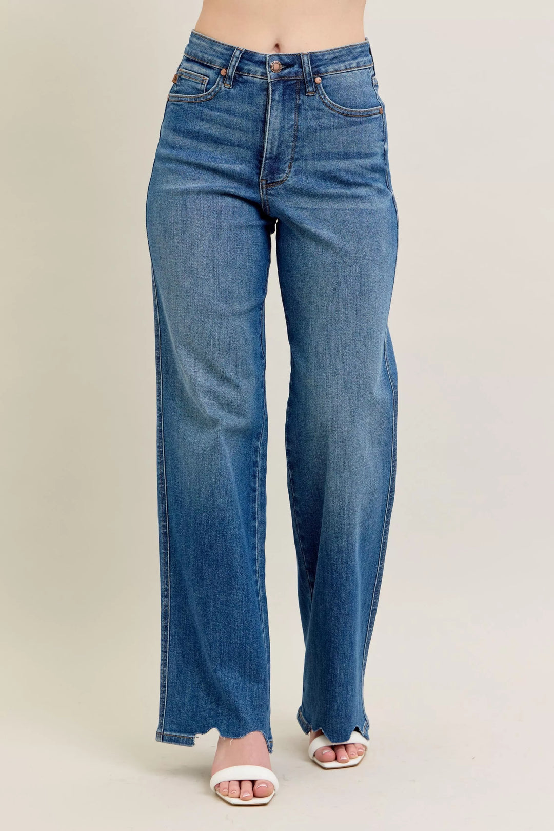 Judy Blue Full Size High Waist Tummy Control Chew Hem Destroy Wide Jeans Plus Size | Jeans Daverri Fashions