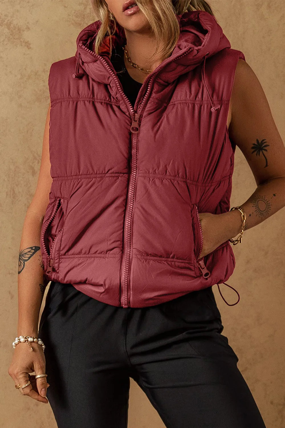 Maroon drawstring zip-up hooded puffer vest coat with pockets