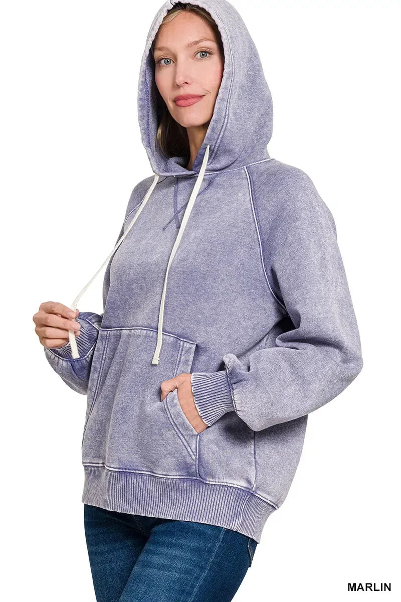 Zenana Acid Wash Fleece Hoodie with Kangaroo Pocket Marlin - DAVERRI FASHIONS