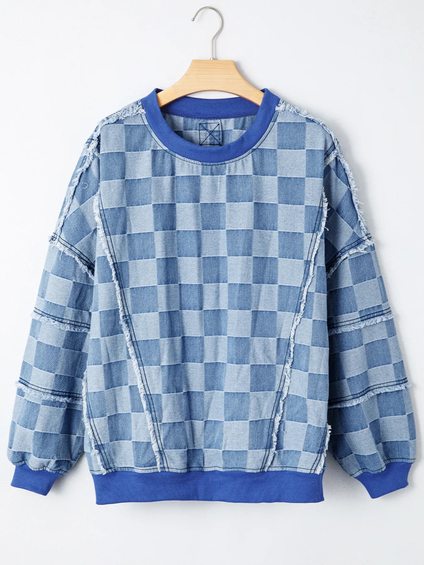 Checkerboard Splicing Raw Detail Oversized Denim Top | Tops Daverri Fashions