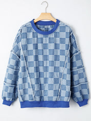 Checkerboard Splicing Raw Detail Oversized Denim Top | Tops Daverri Fashions