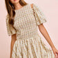BiBi floral bow tie attachable puff sleeves cream dress with smocking