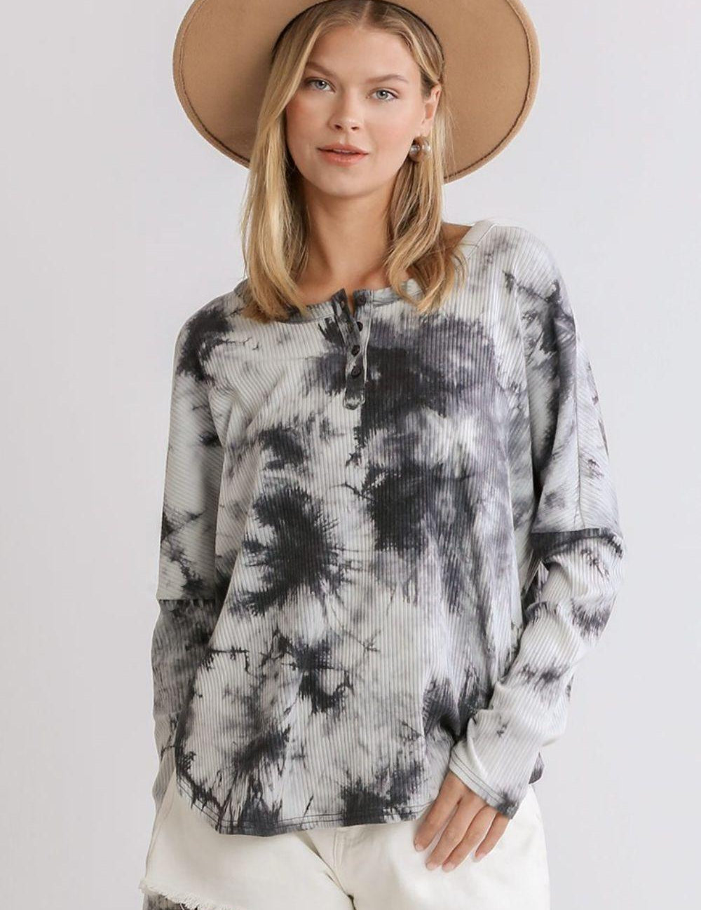 Dark Gray Umgee Full Size Tie Dye Round Neck Ribbed Button Front Top Plus Size | Tops Daverri Fashions