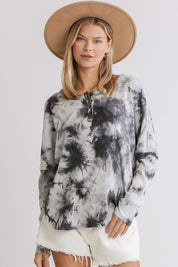 Dark Gray Umgee Full Size Tie Dye Round Neck Ribbed Button Front Top Plus Size | Tops Daverri Fashions