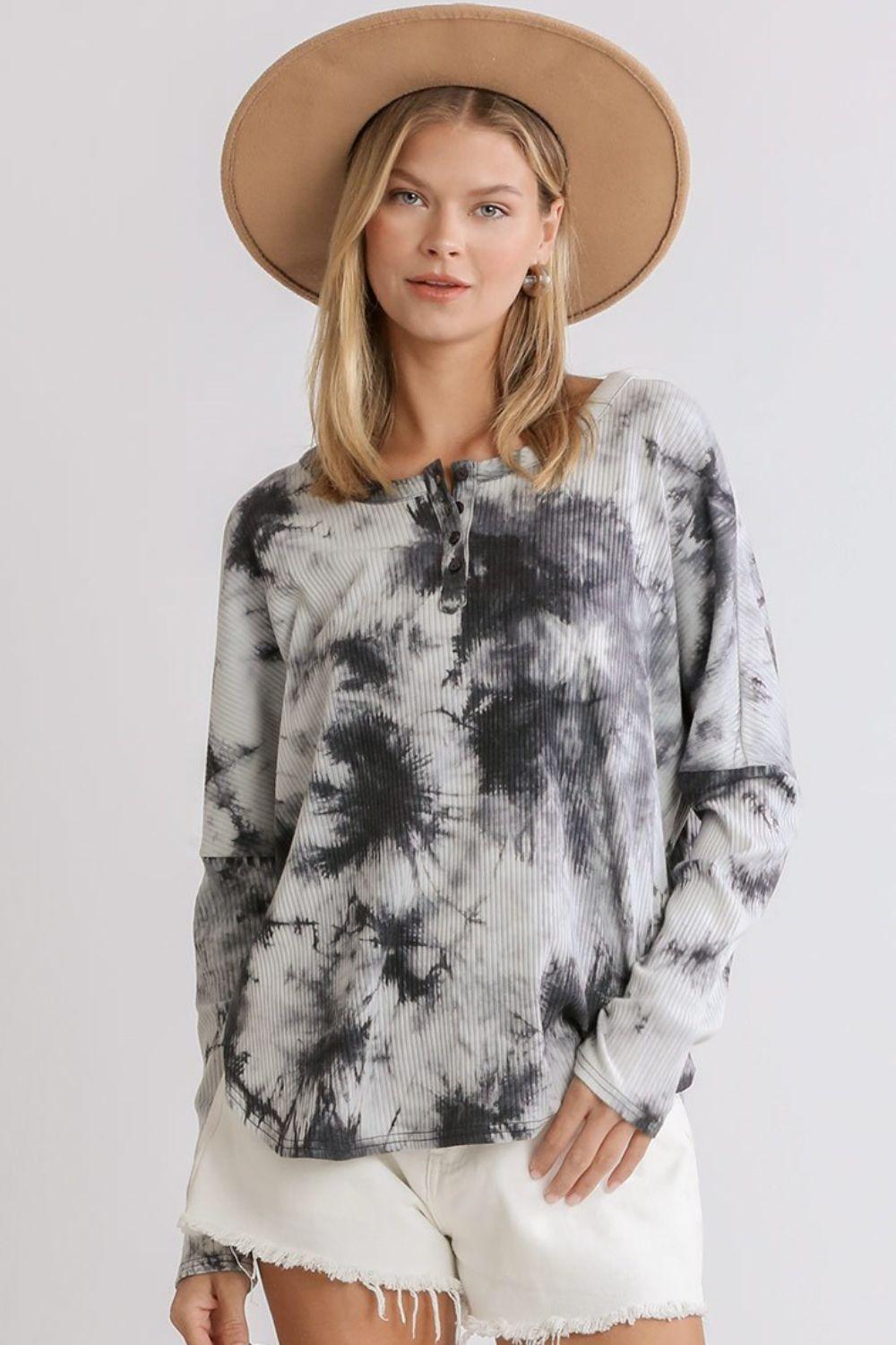 Umgee Full Size Tie Dye Round Neck Ribbed Button Front Top Plus Size Dark Gray