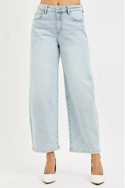 RISEN High Rise Crop Barrel Jeans in light-wash denim with frayed hems