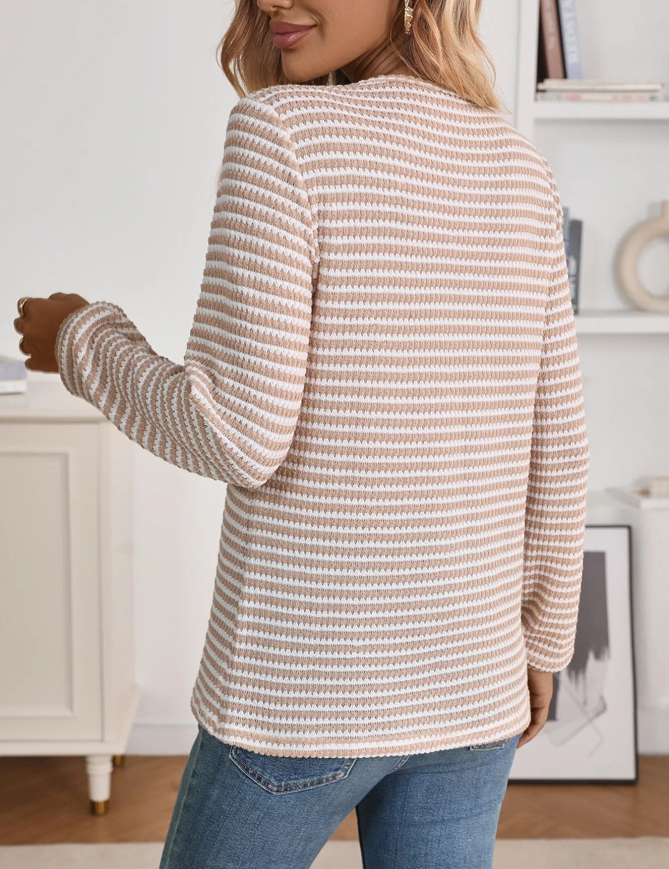 Daverri Fashions beige and white striped long sleeve top