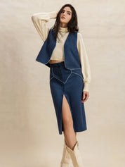 Peacock Blue Open Front Vest and Buttoned Skirt Set | Outfit Sets Daverri Fashions