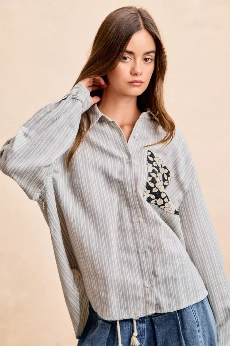 BiBi Flower jacquard knit patch pocket stripe shirt in gray-white