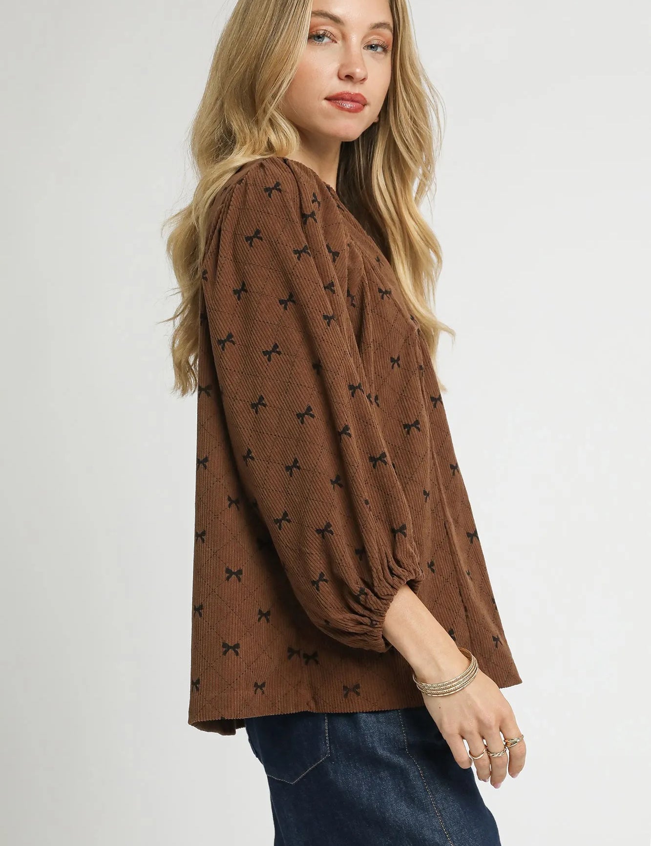 Umgee Corduroy Bow Print Balloon Sleeve Blouse | Daverri Fashions