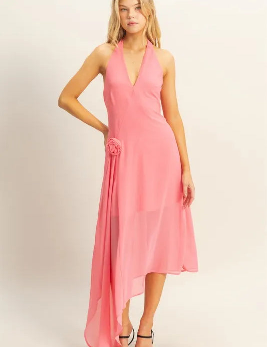 ROSE HYFVE Chiffon Halter Asymmetrical Hem Dress | Daverri Fashions