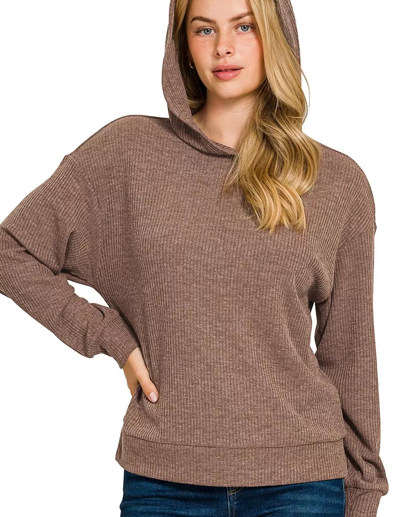 BROWN Ribbed Long Sleeve Hoodie Brown | Hoodies Daverri Fashions