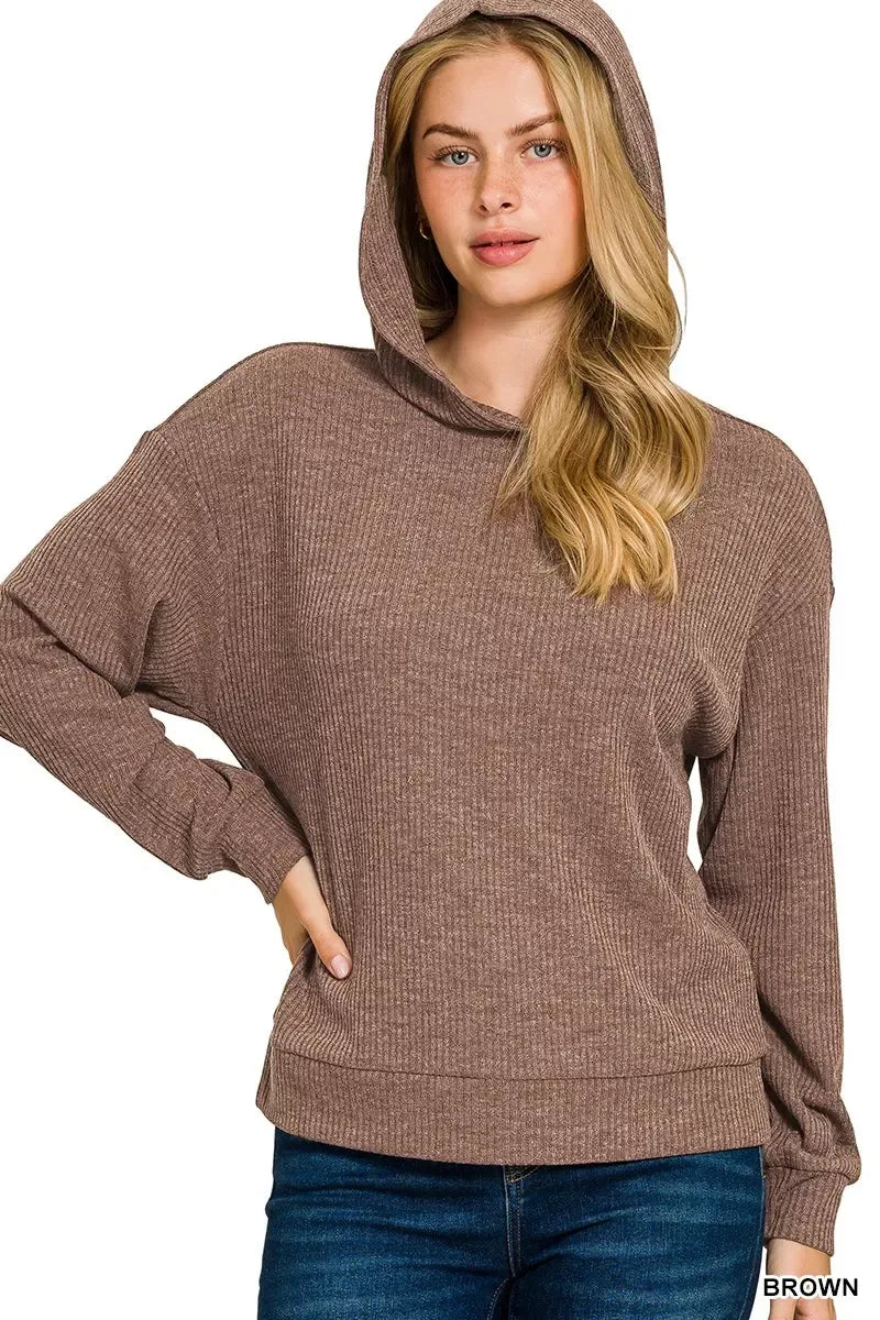 Ribbed Long Sleeve Hoodie Brown - DAVERRI FASHIONS